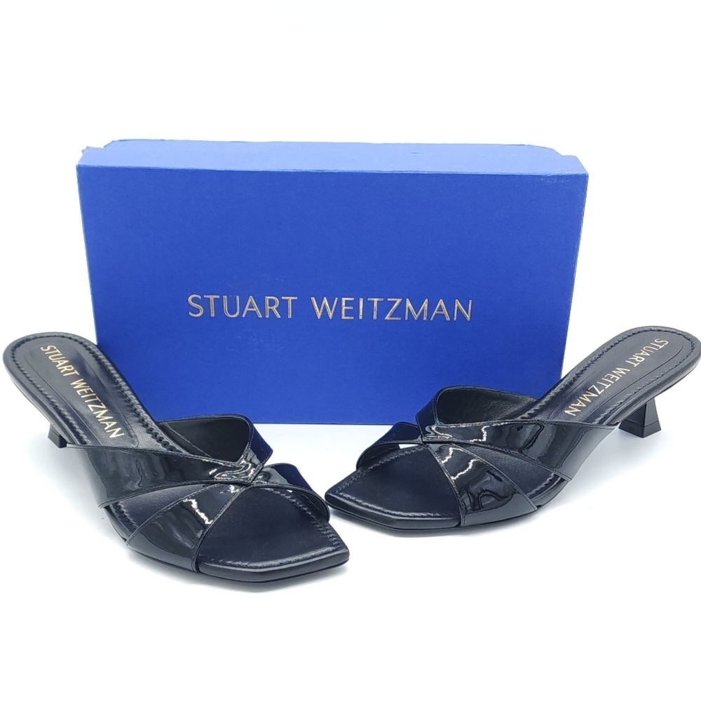 Stuart Weitzman Miami Xcurve 50 Black Patent Leather Slide Sandals Size 10.5
